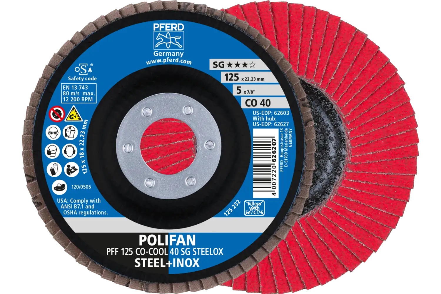 Picture of Pferd Flap Disc, 5" x 7/8, Co-Cool SG Steelox, 40 Grit, T27, Flat, Ceramic oxide